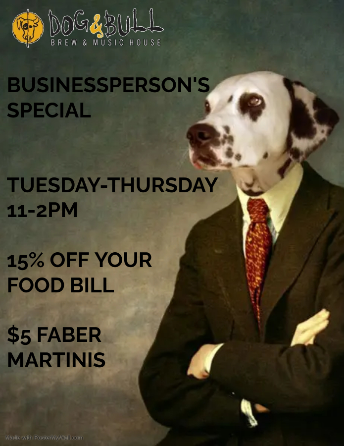 A flyer with a dog in a suit and tie.