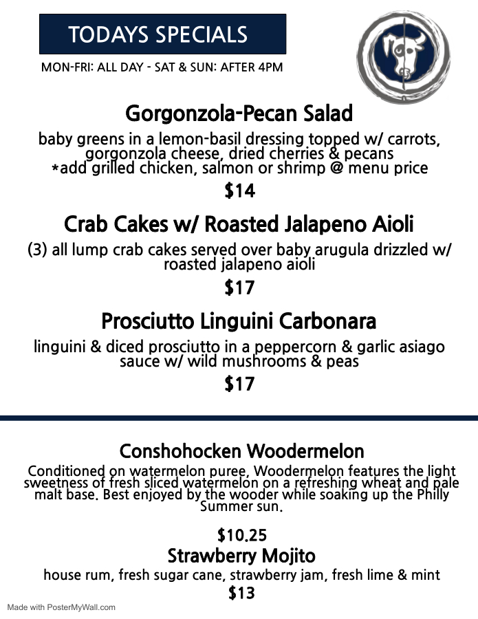 Menu for today's specials featuring dishes like crab cakes with baby arugula drizzled roasted linguni, pork and mushroom carbonara, and watermelon mojito, with pricing and operational hours detailed.
