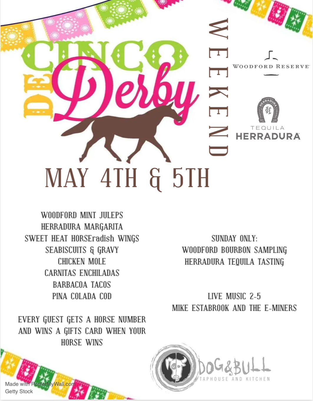 Colorful flyer for a cinco de derby weekend event featuring mixed drink specials, a bourbon and tequila tasting, live music, and various activities.