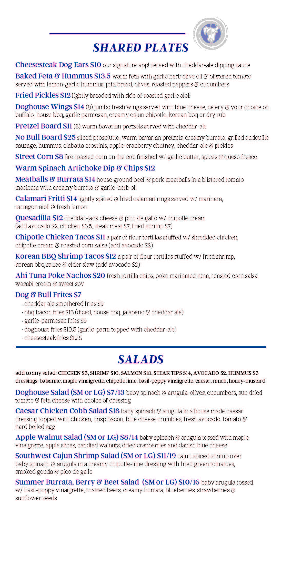 A menu titled "Shared Plates" lists various food items and their prices. Dishes include Cheesteak Dog Ears, Baked Pita & Hummus, Fried Pickles, Doghouse Wings, and more, with detailed descriptions for each.