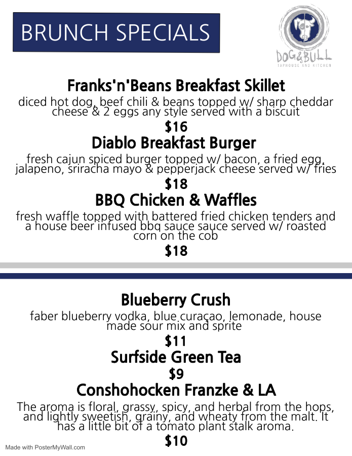Brunch specials menu featuring options like Frank's 'n' Beans Breakfast Skillet, Diablo Breakfast Burger, BBQ Chicken & Waffles, and several drinks including Blueberry Crush and Surfside Green Tea.
