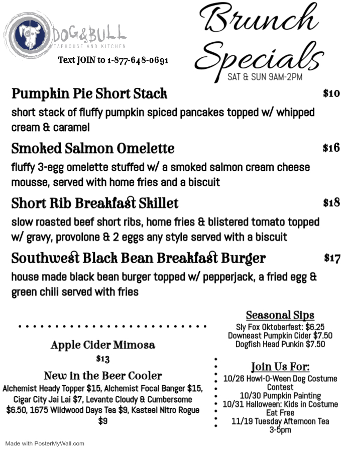 Brunch specials menu featuring items like pumpkin pie French toast, smoked salmon omelette, and Southwest black bean breakfast burger. Includes drink options and event announcements.