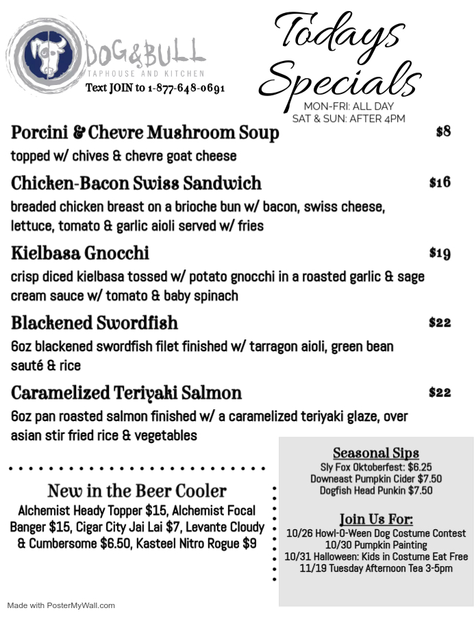 Menu with specials including soups, sandwiches, gnocchi, swordfish, and salmon. Seasonal drinks and beer cooler items listed. Pricing and some ingredients are noted.