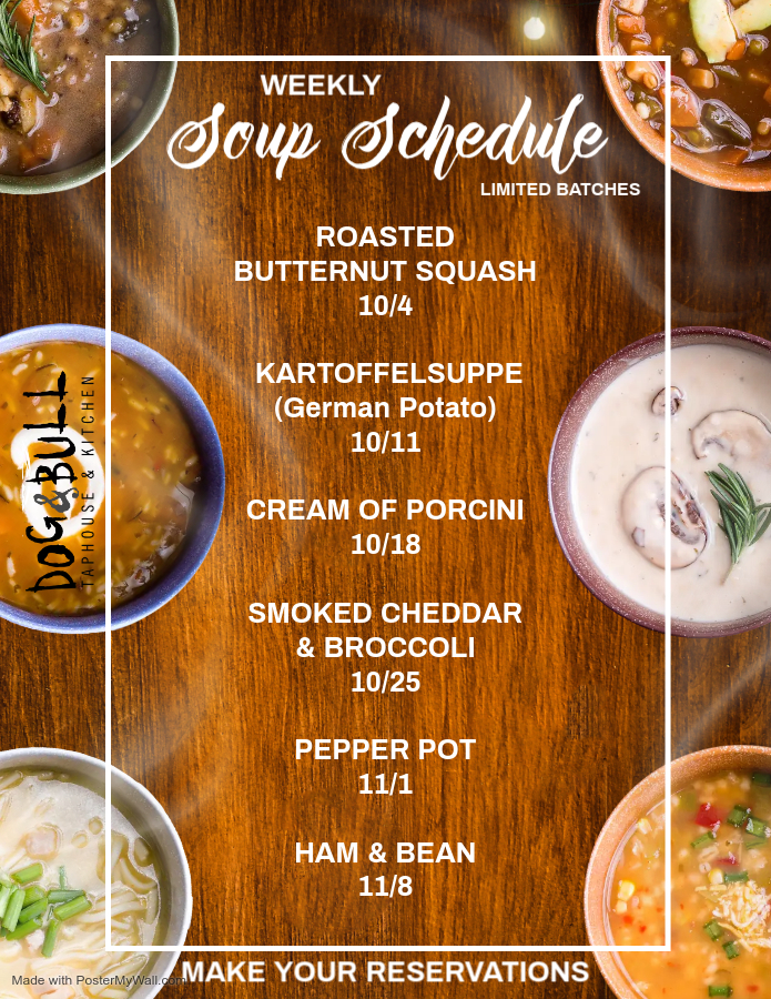 Weekly soup schedule on a wooden background with photos of soups: roasted butternut squash, kartoffelsuppe, cream of porcini, smoked cheddar & broccoli, pepper pot, ham & bean.